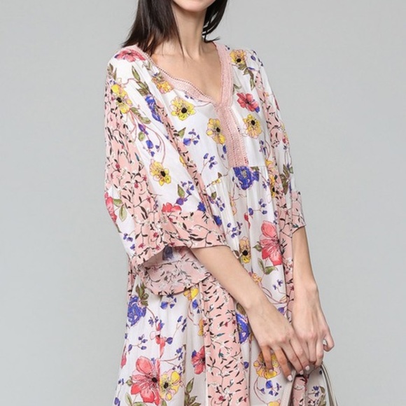 NWT Boho Mixed Floral Print Babydoll  Lace Mini Dress Patch Ivory Blush Summer - Picture 15 of 16